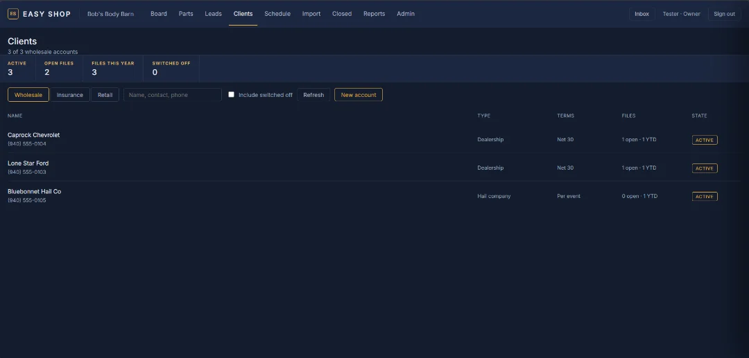 The Easy Shop client directory listing wholesale trade accounts alongside retail customers